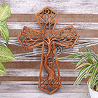 Holzreliefplatte, „Schlüssel zum Glück“ - Holzreliefplatte mit Baum- und Kreuzmotiv