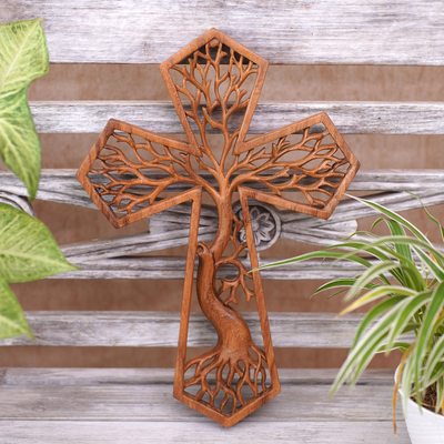 Wood relief panel, 'Key to Happiness' - Wood Relief Panel with Tree and Cross Motif