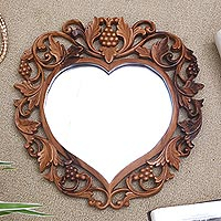 Wood mirror, 'Summer Love' - Heart-Shaped Suar Wood Wall Mirror