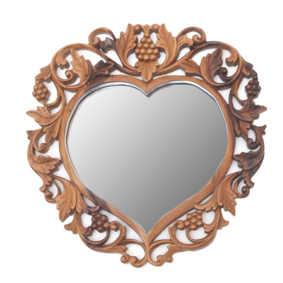 Wood mirror, 'Summer Love' - Heart-Shaped Suar Wood Wall Mirror