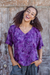 Batik rayon blouse, 'Night Lily' - Hand-Stamped Batik Rayon Blouse with Floral Motif (image 2) thumbail