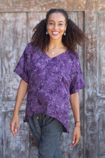 Batik rayon blouse, 'Night Lily' - Hand-Stamped Batik Rayon Blouse with Floral Motif