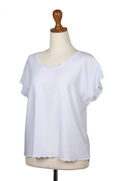 Embroidered top, 'Timeless in White' - Embroidered Rayon Blouse from Bali
