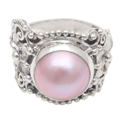 Cultured pearl cocktail ring, 'Soft Glow in Pink' - Pink Cultured Pearl and Sterling Silver Cocktail Ring