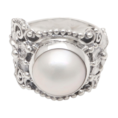 Cultured pearl cocktail ring, 'Soft Glow in Grey' - Cultured Pearl and Sterling Silver Cocktail Ring from Bali