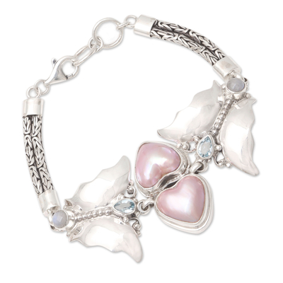 Multi-gemstone pendant bracelet, 'Winged Romance' - Pink Cultured Pearl Pendant Bracelet with Heart Motif
