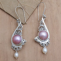 Cultured pearl dangle earrings, 'Candlelit Dinner' - Pink Cultured Pearl and Sterling Silver Dangle Earrings