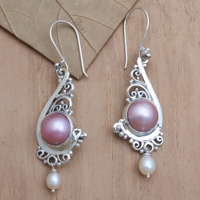 Aretes colgantes de perlas cultivadas - Pendientes colgantes de plata de ley y perlas cultivadas rosas