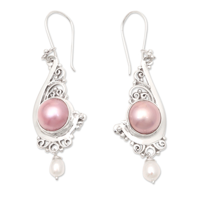 Cultured pearl dangle earrings, 'Candlelit Dinner' - Pink Cultured Pearl and Sterling Silver Dangle Earrings