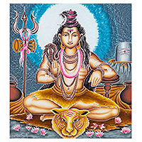 Batik-Wandbehang aus Baumwolle, „Blessing Shiva“ – Balinesisches Kunst-Batikgemälde des hinduistischen Gottes Shiva