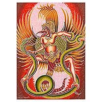 Cotton batik art wall hanging, 'The Great Jatayu' - Balinese Fine Art Batik Painting of Jatayu