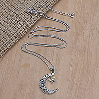 Gold-accented pendant necklace, 'Crescent Companion' - Gold-Accented Pendant Necklace with Moon Motif