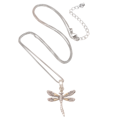 Gold-accented pendant necklace, 'Winged Luxury' - Gold-Accented Pendant Necklace with Dragonfly Motif