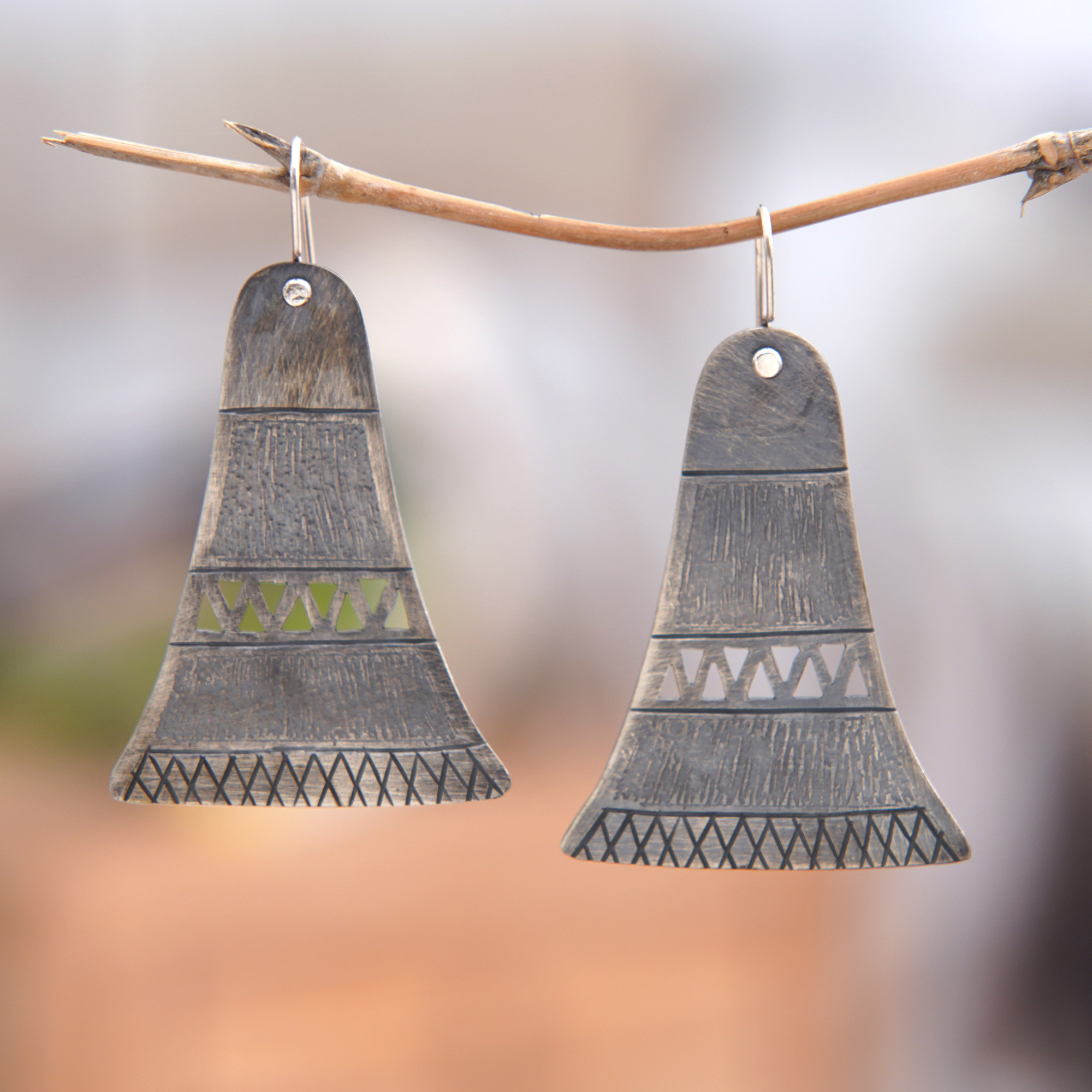 Oxidized Sterling Silver Earrings, 'Ancient Bell'