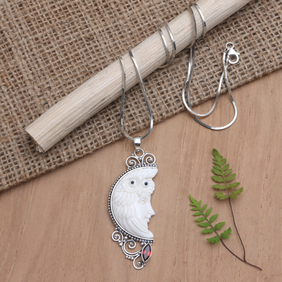 Garnet pendant necklace, 'Snowy Owl' - Artisan Crafted Sterling Silver Necklace with Garnet