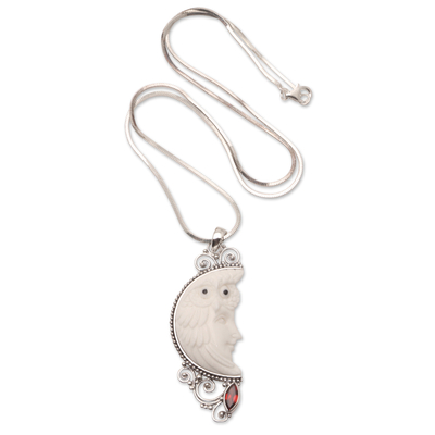 Garnet pendant necklace, 'Snowy Owl' - Artisan Crafted Sterling Silver Necklace with Garnet