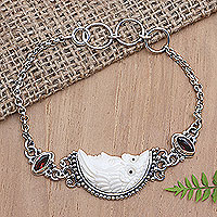 Garnet pendant bracelet, 'Snowy Owl' - Balinese Sterling Silver Pendant Bracelet