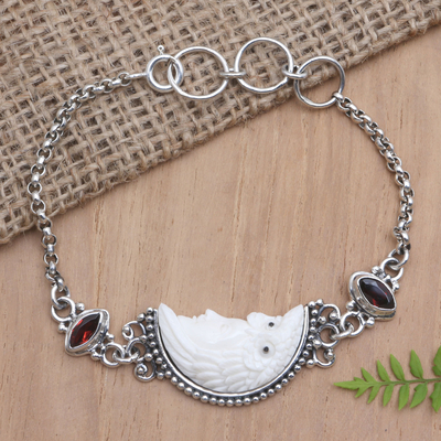Garnet pendant bracelet, 'Snowy Owl' - Balinese Sterling Silver Pendant Bracelet