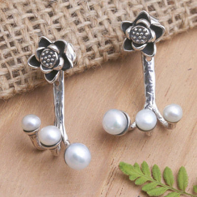 Cultured pearl drop earrings, 'Cold Garden' - Handmade Cultured Pearl Drop Earrings with Floral Motif