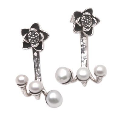 Cultured pearl drop earrings, 'Cold Garden' - Handmade Cultured Pearl Drop Earrings with Floral Motif