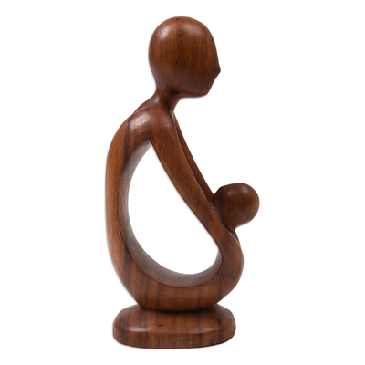 Wood statuette, 'Father's Love' - Father and Child Suar Wood Statuette from Bali