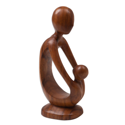 Wood statuette, 'Father's Love' - Father and Child Suar Wood Statuette from Bali