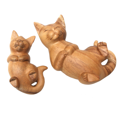 Wood statuettes, 'Follow You' (pair) - Hand Carved Suar Wood Cat Statuettes (Pair)