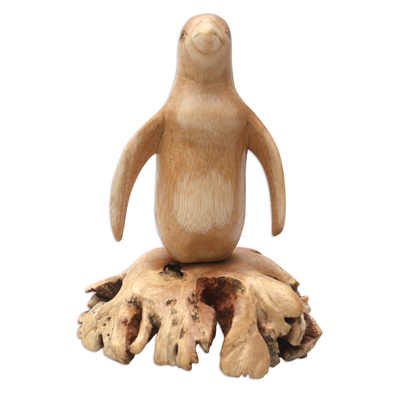 Wood statuette, 'Bachelor Penguin' - Hibiscus Wood Statuette with Penguin Motif