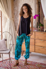 Rayon batik pants, 'Forest Canopy' - Hand-Stamped Turquoise Batik Rayon Jogger Pants