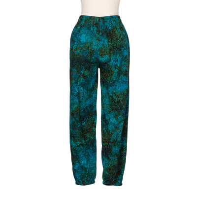 Rayon batik pants, 'Forest Canopy' - Hand-Stamped Turquoise Batik Rayon Jogger Pants
