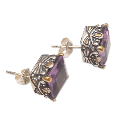 Gold-accented amethyst stud earrings, 'Bali Baroque' - Faceted Amethyst Earrings with Gold Accents