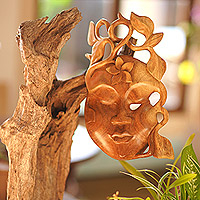 Wood mask, 'Serene Woman' - Hand Crafted Floral Wood Mask from Bali