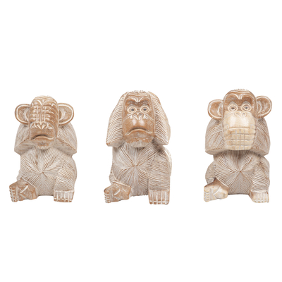 Wood sculptures, 'White Monkeys' (set of 3) - Suar Wood Sculptures with Monkey Motif (Set of 3)