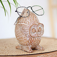 Soporte de gafas de madera, 'Búho antiguo' - Escultura de madera de búho tallada a mano para sostener gafas