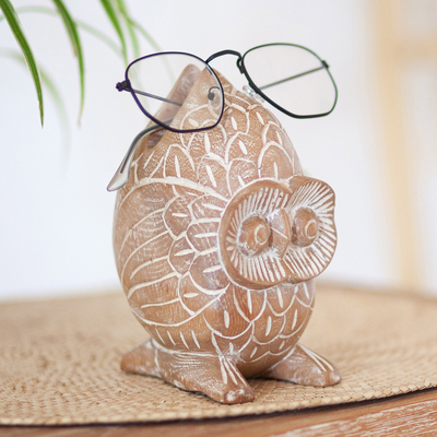Wood eyeglasses holder, 'Antique Owl' - Hand Carved Owl Wood Sculpture to Hold Eyeglasses