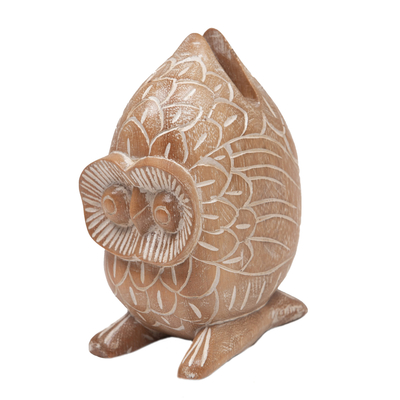 Wood eyeglasses holder, 'Antique Owl' - Hand Carved Owl Wood Sculpture to Hold Eyeglasses