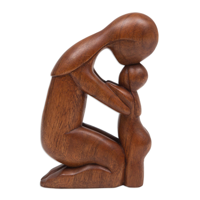 Wood statuette, 'Lucky Daughter' - Hand Carved Mother and Child Wood Statuette