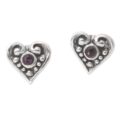 Handmade Amethyst Stud Earrings with Heart Motif