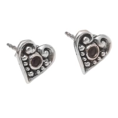 Amethyst stud earrings, 'Imperial Love' - Handmade Amethyst Stud Earrings with Heart Motif