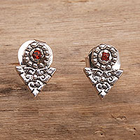 Garnet stud earrings, 'Time's Arrow in Red' - Garnet and Sterling Silver Stud Earrings from Bali