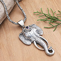 Men's amethyst pendant necklace, 'Runs Wild in Purple' - Men's Amethyst Pendant Necklace with Elephant Motif