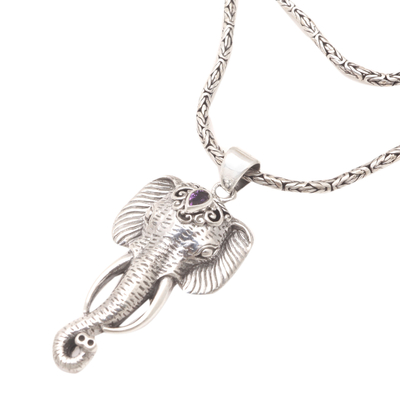 Men's amethyst pendant necklace, 'Runs Wild in Purple' - Men's Amethyst Pendant Necklace with Elephant Motif