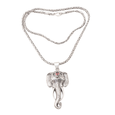 Men's garnet pendant necklace, 'Runs Wild in Red' - Men's Garnet Pendant Necklace with Elephant Motif