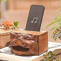 Telefonlautsprecher aus Holz, „Sing Your Life“ – handgeschnitzte Telefonlautsprecher aus Holz mit Schweinemotiv