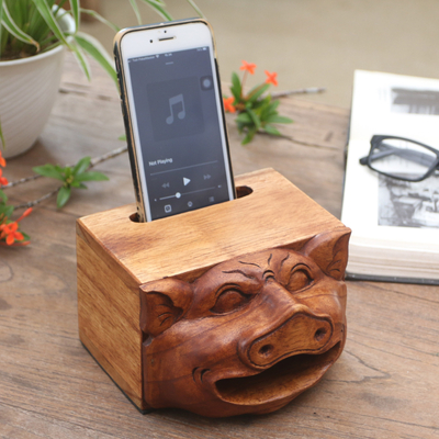 Telefonlautsprecher aus Holz - Handgeschnitzte Telefonlautsprecher aus Holz mit Schweinemotiv