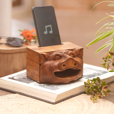 Wood phone speaker, 'Sing Your Life' - Hand Carved Wood Phone Speakers with Pig Motif