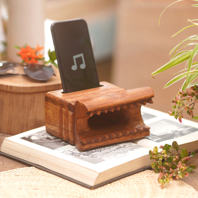 Wood phone speaker, 'Echo Within' - Hand Carved Wood Phone Speakers from Bali