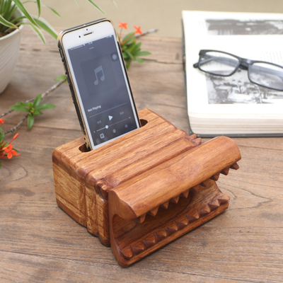 Wood phone speaker, 'Echo Within' - Hand Carved Wood Phone Speakers from Bali