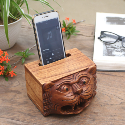 Wood phone speaker, 'Leopard's Song' - Artisan Crafted Jempinis Wood Phone Speakers