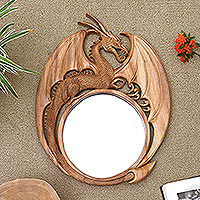 Wood wall mirror, 'Mysterious Dragon' - Hand-carved Wood Dragon Wall Mirror from Bali